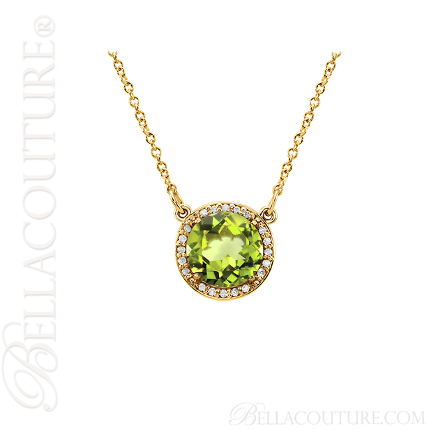 (NEW) BELLA COUTURE OPHELIA FINE GORGEOUS PERIDOT GEMSTONE DIAMOND 14K YELLOW GOLD PENDANT NECKLACE (16" Inches)