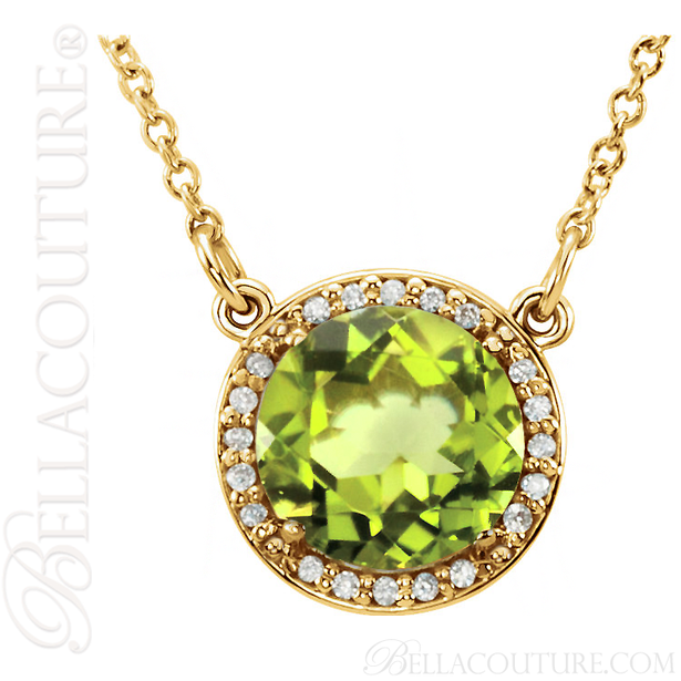 (NEW) BELLA COUTURE OPHELIA FINE GORGEOUS PERIDOT GEMSTONE DIAMOND 14K YELLOW GOLD PENDANT NECKLACE (16" Inches)