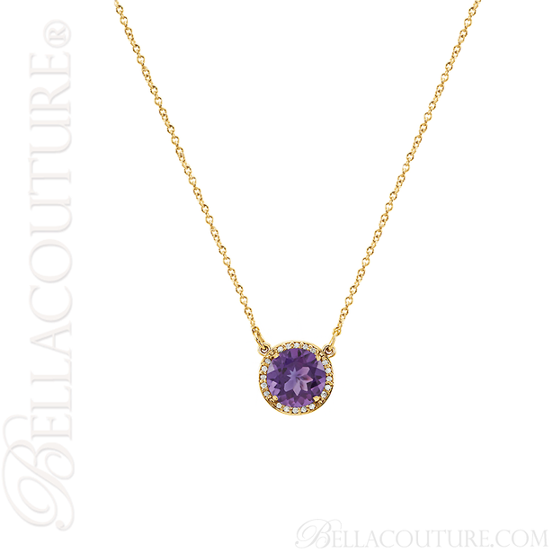 (NEW) BELLA COUTURE OPHELIA FINE GORGEOUS AMETHYST GEMSTONE DIAMOND 14K YELLOW GOLD PENDANT NECKLACE (16" Inches)