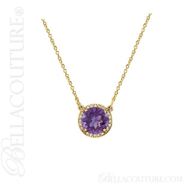 (NEW) BELLA COUTURE OPHELIA FINE GORGEOUS AMETHYST GEMSTONE DIAMOND 14K YELLOW GOLD PENDANT NECKLACE (16" Inches)