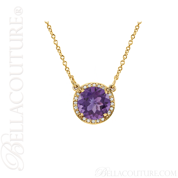 (NEW) BELLA COUTURE OPHELIA FINE GORGEOUS AMETHYST GEMSTONE DIAMOND 14K YELLOW GOLD PENDANT NECKLACE (16" Inches)
