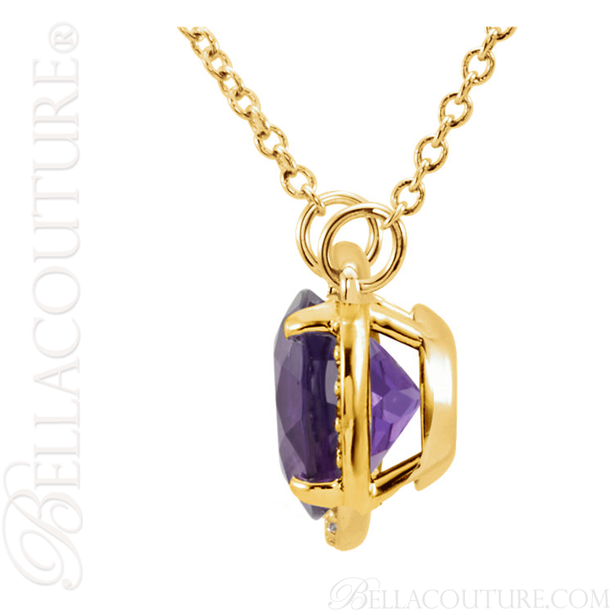 (NEW) BELLA COUTURE OPHELIA FINE GORGEOUS AMETHYST GEMSTONE DIAMOND 14K YELLOW GOLD PENDANT NECKLACE (16" Inches)