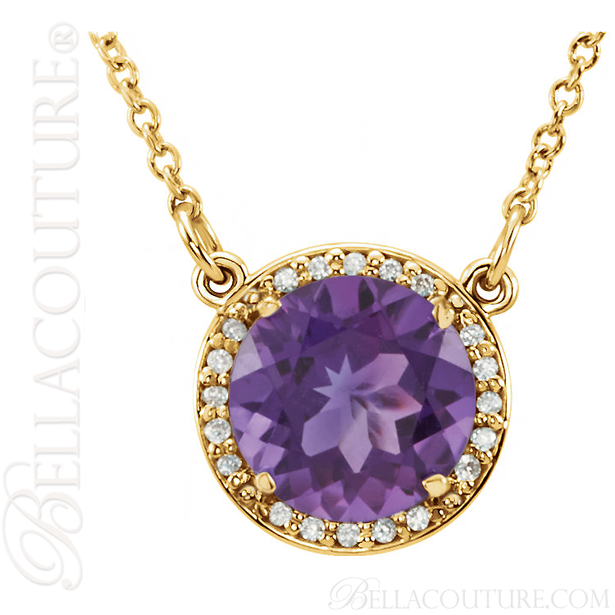(NEW) BELLA COUTURE OPHELIA FINE GORGEOUS AMETHYST GEMSTONE DIAMOND 14K YELLOW GOLD PENDANT NECKLACE (16" Inches)
