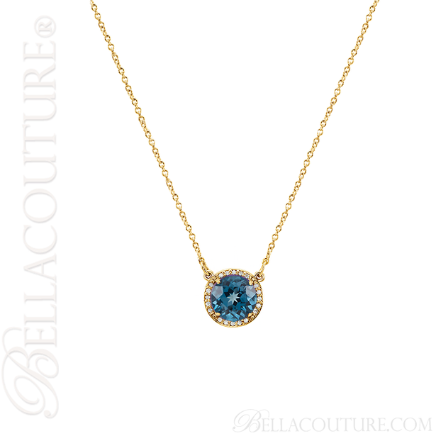 (NEW) BELLA COUTURE OPHELIA FINE GORGEOUS LONDON BLUE TOPAZ GEMSTONE DIAMOND 14K YELLOW GOLD PENDANT NECKLACE (16" Inches)