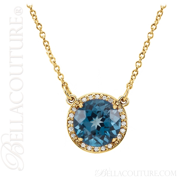 (NEW) BELLA COUTURE OPHELIA FINE GORGEOUS LONDON BLUE TOPAZ GEMSTONE DIAMOND 14K YELLOW GOLD PENDANT NECKLACE (16" Inches)