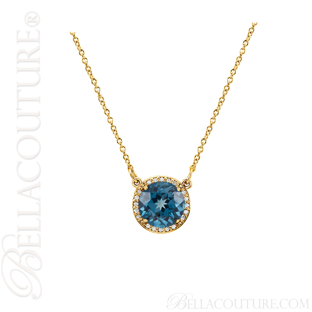 (NEW) BELLA COUTURE OPHELIA FINE GORGEOUS LONDON BLUE TOPAZ GEMSTONE DIAMOND 14K YELLOW GOLD PENDANT NECKLACE (16" Inches)