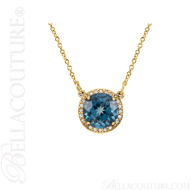 (NEW) BELLA COUTURE OPHELIA FINE GORGEOUS LONDON BLUE TOPAZ GEMSTONE DIAMOND 14K YELLOW GOLD PENDANT NECKLACE (16" Inches)