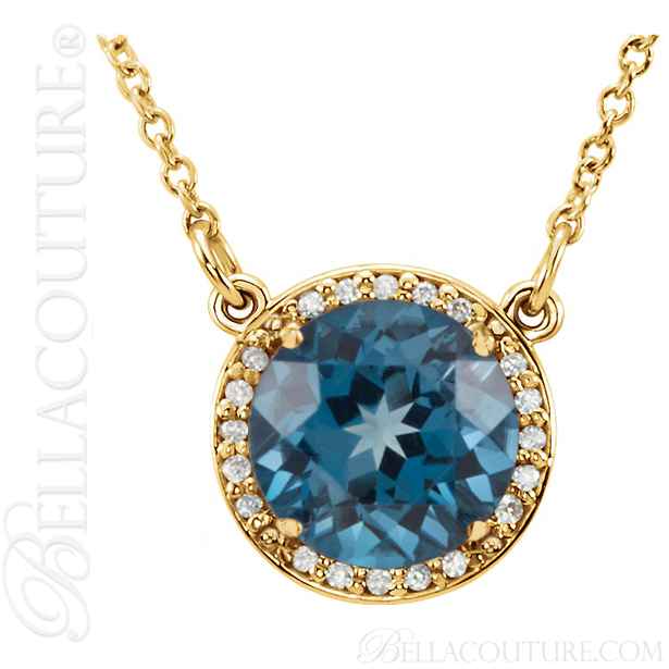 (NEW) BELLA COUTURE OPHELIA FINE GORGEOUS LONDON BLUE TOPAZ GEMSTONE DIAMOND 14K YELLOW GOLD PENDANT NECKLACE (16" Inches)