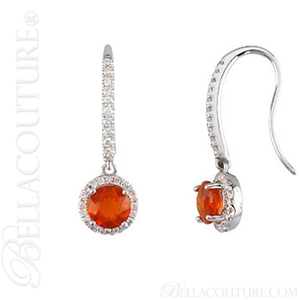 (NEW) BELLA COUTURE LAMOURE Pave Diamond Fire Opal Gemstone 14K White Gold Dangle Drop Earrings (3/8 CT. TW.)