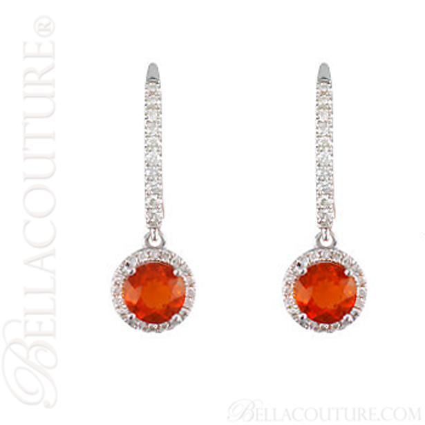 (NEW) BELLA COUTURE LAMOURE Pave Diamond Fire Opal Gemstone 14K White Gold Dangle Drop Earrings (3/8 CT. TW.)