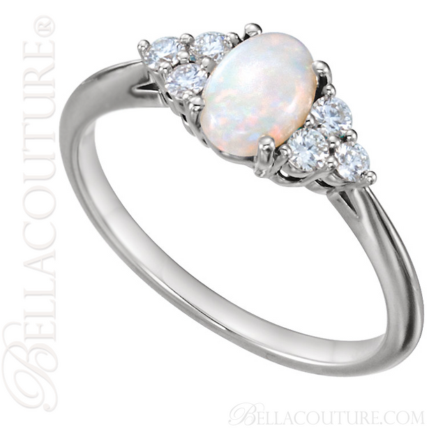 (NEW) BELLA COUTURE PANINA Fine Diamond Genuine Oval Opal Gemstone 14K White Gold Ring (1/5 CT. TW.)