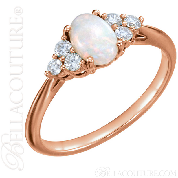 (NEW) BELLA COUTURE PANINA Fine Diamond Genuine Oval Opal Gemstone 14K Rose Gold Ring (1/5 CT. TW.)