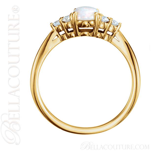 (NEW) BELLA COUTURE PANINA Fine Diamond Genuine Oval Opal Gemstone 14K Yellow Gold Ring (1/5 CT. TW.)