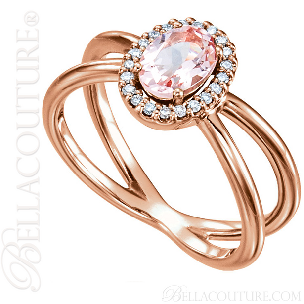 (NEW) BELLA COUTURE MILAN Fine Diamond Genuine Morganite Oval Gemstone 14K Rose Gold Criss Cross Ring (1/10 CT. TW.)
