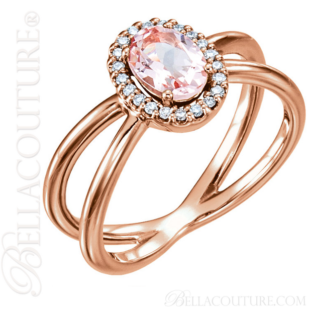 (NEW) BELLA COUTURE MILAN Fine Diamond Genuine Morganite Oval Gemstone 14K Rose Gold Criss Cross Ring (1/10 CT. TW.)