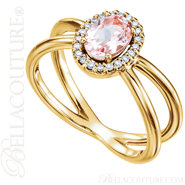 (NEW) BELLA COUTURE MILAN Fine Diamond Genuine Morganite Oval Gemstone 14K Yellow Gold Criss Cross Ring (1/10 CT. TW.)