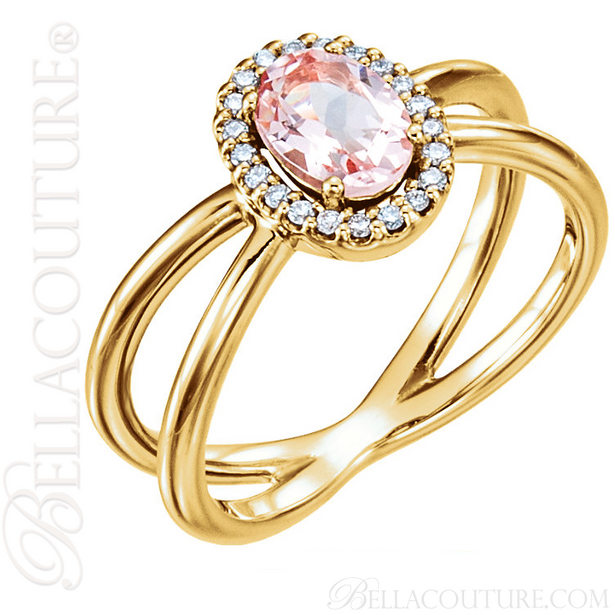 (NEW) BELLA COUTURE MILAN Fine Diamond Genuine Morganite Oval Gemstone 14K Yellow Gold Criss Cross Ring (1/10 CT. TW.)