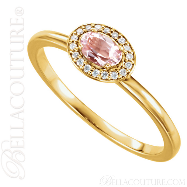 (NEW) BELLA COUTURE BALINA Fine Diamond Genuine Rose Morganite Oval Dainty Gemstone 14K Yellow Gold Ring