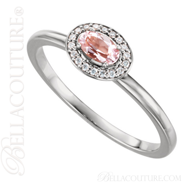(NEW) BELLA COUTURE BALINA Fine Diamond Genuine Rose Morganite Oval Dainty Gemstone 14K White Gold Ring