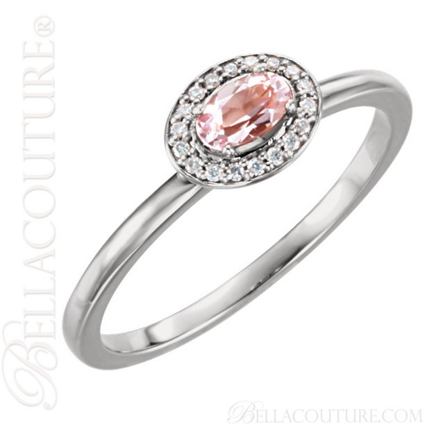 (NEW) BELLA COUTURE BALINA Fine Diamond Genuine Rose Morganite Oval Dainty Gemstone 14K White Gold Ring