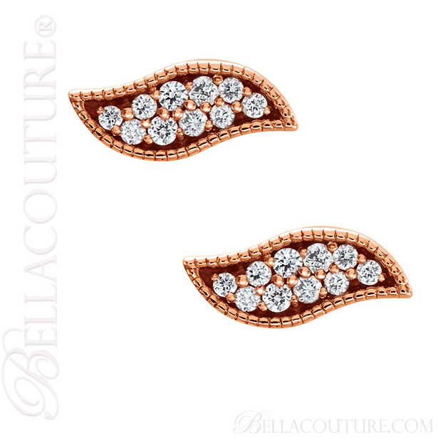 (NEW) BELLA COUTURE La VITA Demure Milgrain Leaf Diamond 14K Rose Gold Stud Earrings