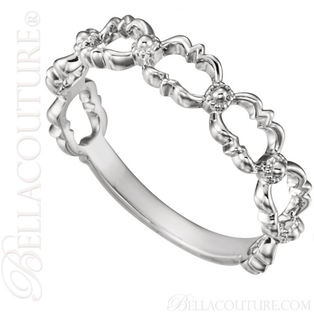 (NEW) BELLA COUTURE OLIVVIA Fine Open Work Fancy Filigree Beaded 14K White Gold Ring Band