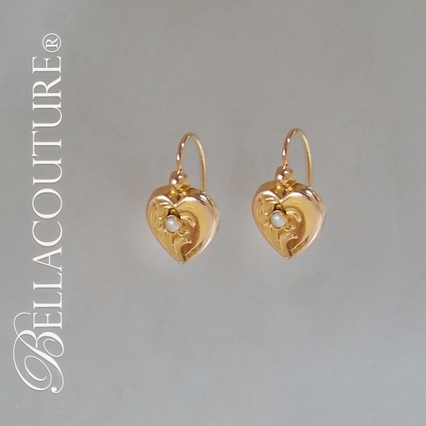 SOLD! - (ANTIQUE) Rare Gorgeous Victorian White Natural Freshwater Cultured Pearl 18K Yellow Gold Etched Heart Earrings c.1838 One of a Kind Fine Jewelry