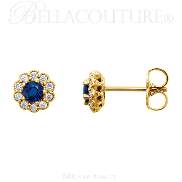 (NEW) BELLA COUTURE® BEVERLY GENUINE SAPPHIRE 14K YELLOW GOLD ROUND DIAMOND HALO EARRINGS (1/6 CT. TW.)