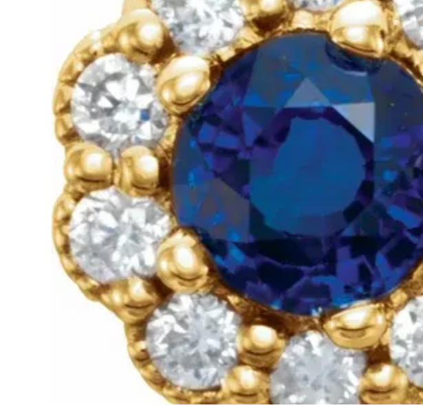 (NEW) BELLA COUTURE® BEVERLY GENUINE SAPPHIRE 14K YELLOW GOLD ROUND DIAMOND HALO EARRINGS (1/6 CT. TW.)