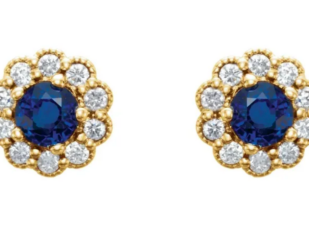 (NEW) BELLA COUTURE® BEVERLY GENUINE SAPPHIRE 14K YELLOW GOLD ROUND DIAMOND HALO EARRINGS (1/6 CT. TW.)