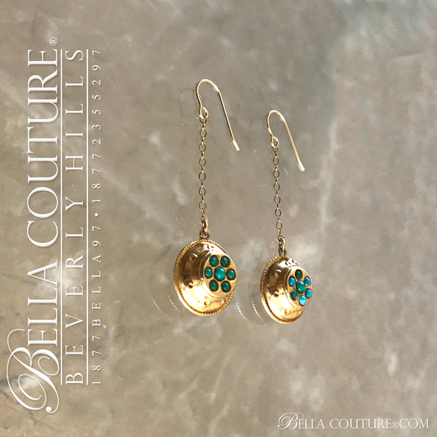 SOLD! (ANTIQUE) RARE VICTORIAN PAVE' TURQUOISE 14K YELLOW DANGLE DROP CHAIN EARRINGS