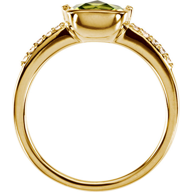 (NEW) BELLA COUTURE ® Ingénue 14K Yellow Gold Genuine Cushion Cut Peridot 1/10 CT TW Diamond Ring