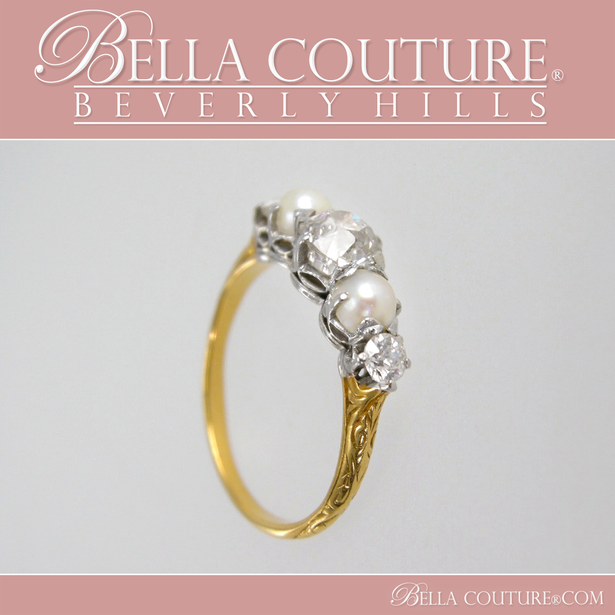 SOLD! - (ANTIQUE) VICTORIAN ANTIQUE .75 CT DIAMOND 14K YELLOW & WHITE GOLD NATURAL PEARL ENGAGEMENT ANNIVERSARY RING BAND - SIZE 6