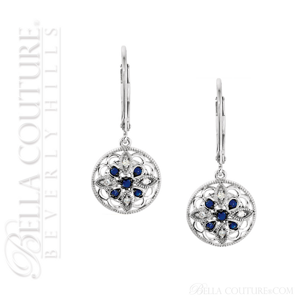 (NEW) BELLA COUTURE® OLIVIA VICTORIAN INSPIRED OPEN FILIGREE DIAMOND GENUINE NATURAL BLUE SAPPHIRE 14K WHITE GOLD GEMSTONE DANGLE DROP LEVER BACK EARRINGS ( .10CT. TW.)