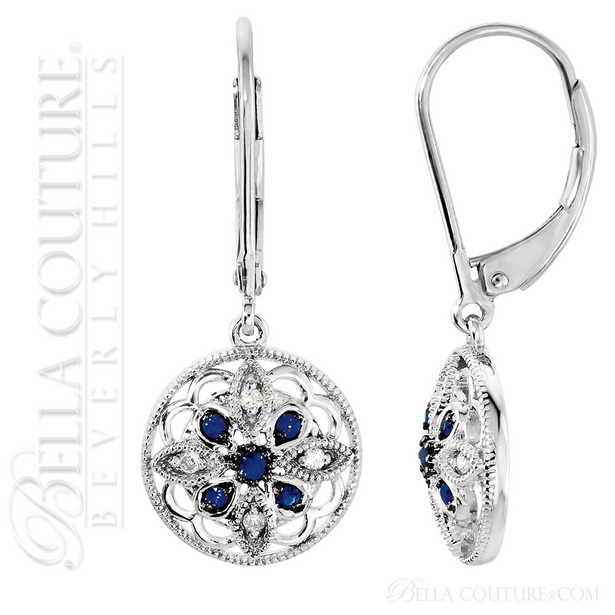 (NEW) BELLA COUTURE® OLIVIA VICTORIAN INSPIRED OPEN FILIGREE DIAMOND GENUINE NATURAL BLUE SAPPHIRE 14K WHITE GOLD GEMSTONE DANGLE DROP LEVER BACK EARRINGS ( .10CT. TW.)