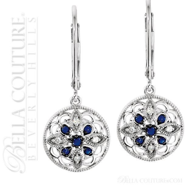 (NEW) BELLA COUTURE® OLIVIA VICTORIAN INSPIRED OPEN FILIGREE DIAMOND GENUINE NATURAL BLUE SAPPHIRE 14K WHITE GOLD GEMSTONE DANGLE DROP LEVER BACK EARRINGS ( .10CT. TW.)