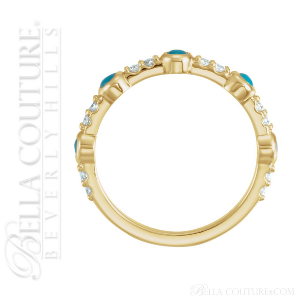 (NEW) BELLA COUTURE® CARINNA 14K YELLOW GOLD GENUINE CABOCHON NATURAL TURQUOISE DIAMOND RING BAND (1/2 CT. TW.)