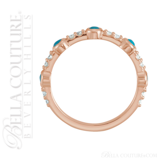 (NEW) BELLA COUTURE® CARINNA 14K ROSE GOLD GENUINE CABOCHON NATURAL TURQUOISE DIAMOND RING BAND (1/2 CT. TW.)