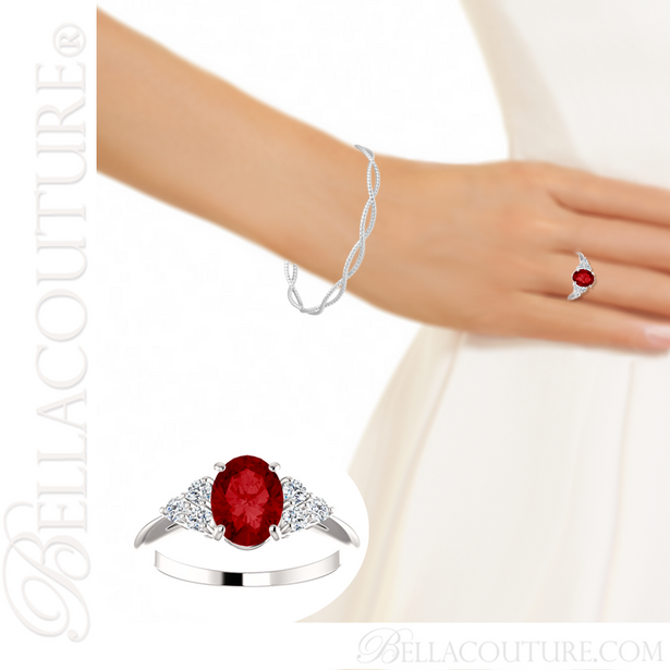 (NEW) BELLA COUTURE® FERRARI Fine Diamond Genuine Oval RUBY Gemstone 14K White Gold Ring