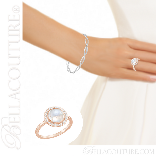 (NEW) BELLA COUTURE ® FINE GENUINE MOONSTONE GEMSTONE DIAMOND 14K ROSE GOLD RING