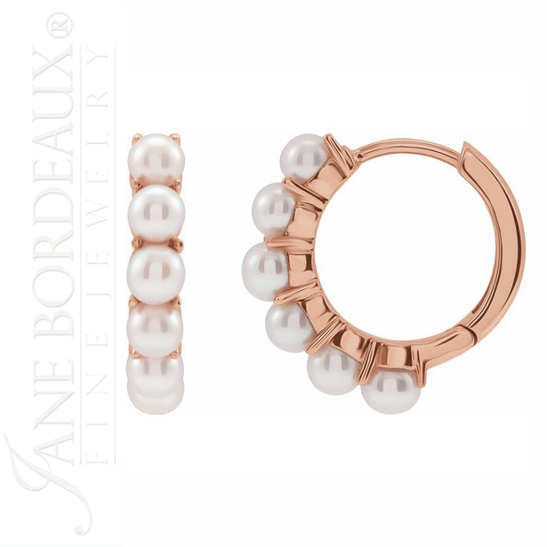 LIZBETT 14K Rose Gold Pearl Huggie Hoop Earrings By JANE BORDEAUX ® - PETITE PEARL COLLECTION