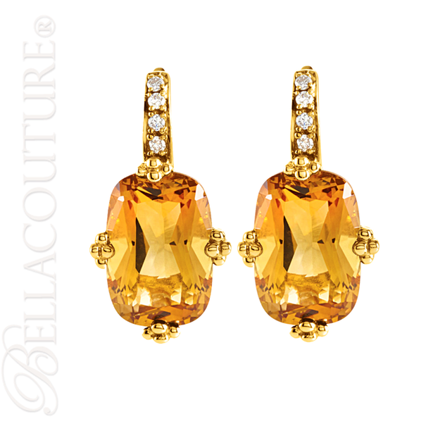 (NEW) BELLA COUTURE PARIS FINE DIAMOND CUSHION CUT CITRINE 14K YELLOW GOLD DANGLE DROP EARRINGS