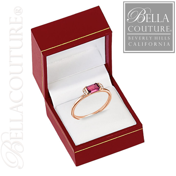 (NEW) BELLA COUTURE LeORA Fine Elegant Diamond Baguette Emerald Cut Genuine White Sapphire Gemstone 14K Rose Gold Ring