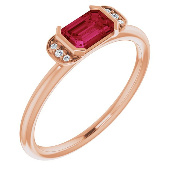 (NEW) BELLA COUTURE LeORA Fine Elegant Diamond Baguette Emerald Cut Ruby Gemstone 14K Rose Gold Ring