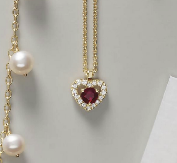 (NEW) BELLA COUTURE PURE Heart Fine Diamond Natural Ruby 14K Yellow Gold Dangle Drop Pendant Necklace (18" Length)