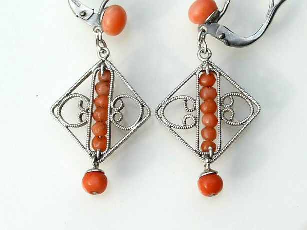 SOLD OUT! - (ANTIQUE) Rare French Dainty Natural Sardinian Coral Victorian Sterling Silver Diamond Shaped Filigree Dangle Drop Earrings Circa 1900s Fine Jewelry