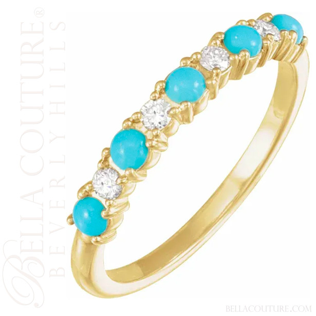 (NEW) BELLA COUTURE® ARIA 14K YELLOW GOLD CABOCHON NATURAL SLEEPING BEAUTY TURQUOISE PAVE' DIAMOND RING BAND (1/8CT. TW.)