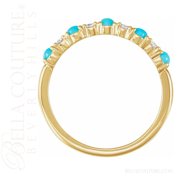 (NEW) BELLA COUTURE® ARIA 14K YELLOW GOLD CABOCHON NATURAL SLEEPING BEAUTY TURQUOISE PAVE' DIAMOND RING BAND (1/8CT. TW.)