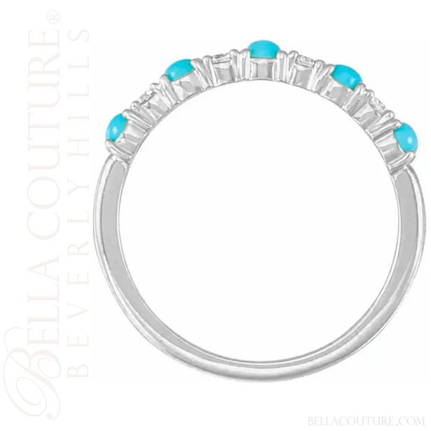(NEW) BELLA COUTURE® ARIA 14K WHITE GOLD NATURAL SLEEPING BEAUTY TURQUOISE PAVE' DIAMOND RING BAND (1/8CT. TW.)