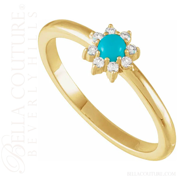 (NEW) BELLA COUTURE® ELLABETTA PETITE AAA+ SLEEPING BEAUTY TURQUOISE CABOCHON 14K YELLOW GOLD DIAMOND RING (1/10CT. TW.)